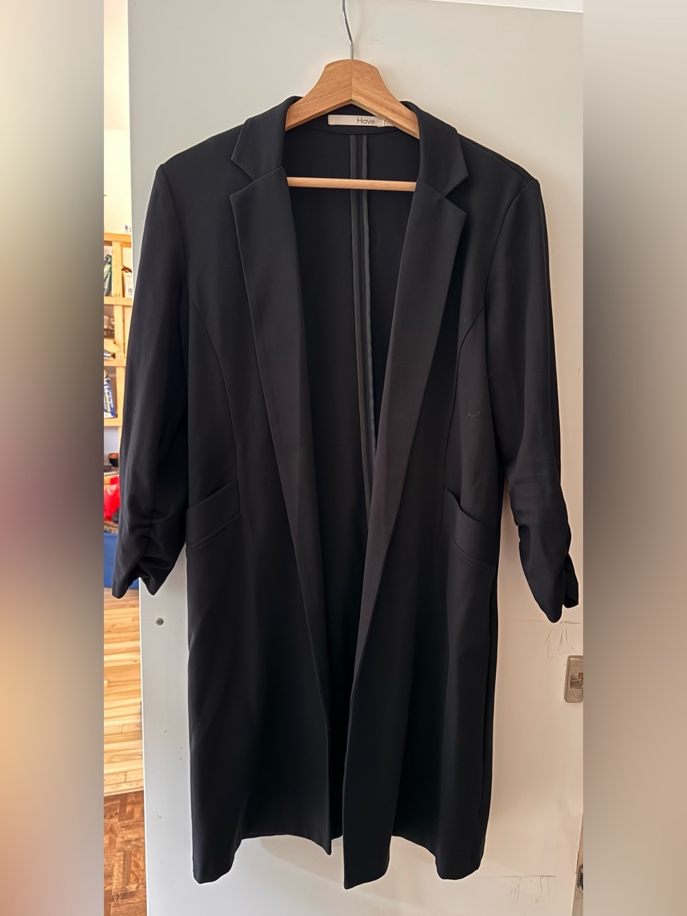 NWOT - Have - Black Longline Open Front Blazer Ruched 3/4 Sleeves Stretch - M